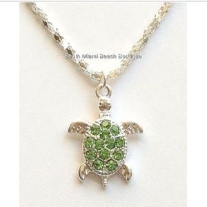 Silver Crystal Sea Life Turtle Necklace Green 17"